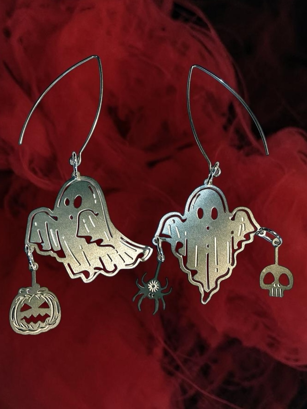 🆕 Ghosts with Pumpkins, Skulls and Spiders Laser Etched Dangle Earrings